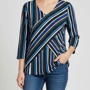 Dana Buchman Blue and Black Striped V-Neck Blouse